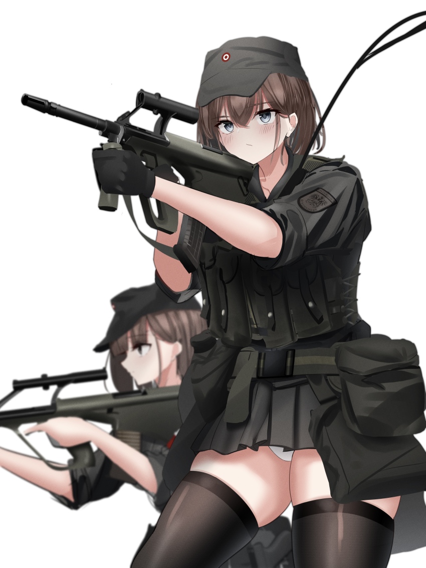 2girls absurdres assault_rifle austria bad_id bad_pixiv_id black_gloves black_headwear black_shirt black_skirt black_thighhighs blush brown_hair bullpup closed_mouth commentary_request gloves grey_eyes gun hair_between_eyes highres holding holding_gun holding_weapon multiple_girls original panties pleated_skirt rifle rynn_(rynn_cube) shirt short_sleeves simple_background skirt steyr_aug thighhighs trigger_discipline underwear weapon white_background white_panties