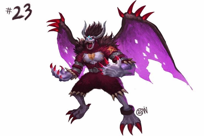 1boy absurdres artist_request demon demon_(digimon) demon_wings digimon digimon_(creature) fangs fingernails full_body grin highres inktober long_arms looking_at_viewer open_mouth red_eyes seven_great_demon_lords sharp_fingernails sharp_teeth simple_background smile solo teeth thigh_strap torn_wings wings