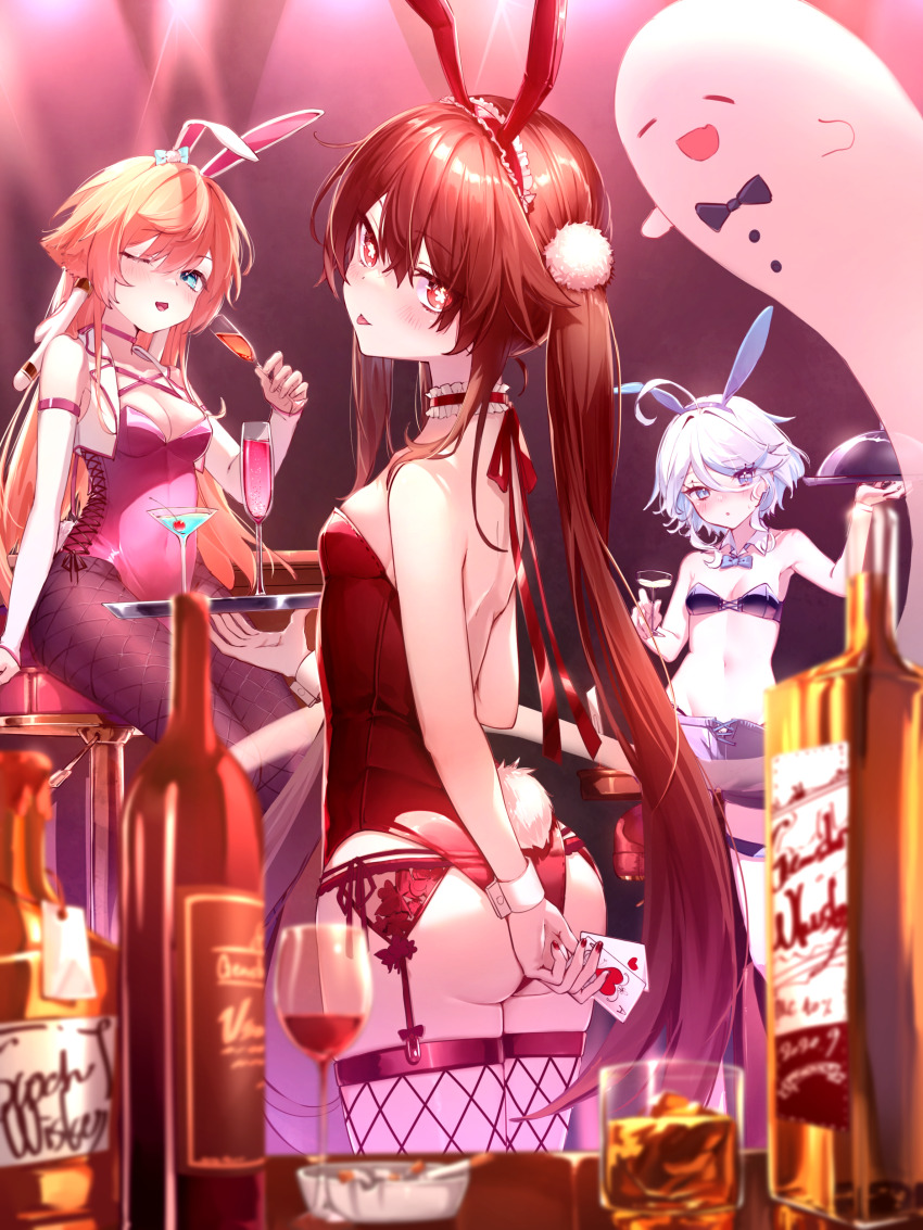 3girls absurdres animal_ears ashtray ass blue_eyes boo_tao_(genshin_impact) bottle breasts brown_eyes brown_hair card champagne_flute cigarette commentary_request covered_navel cup detached_sleeves drinking_glass fake_animal_ears fake_tail fishnet_thighhighs fishnets furina_(genshin_impact) garter_belt garter_straps genshin_impact glass green_eyes highres holding holding_card holding_cup holding_tray hu_tao_(genshin_impact) imasaki_kei leotard multicolored_hair multiple_girls navel one_eye_closed orange_hair pink_leotard playboy_bunny rabbit_ears red_leotard small_breasts strapless strapless_leotard tail thighhighs tongue tongue_out tray twintails two-tone_hair white_hair yanfei_(genshin_impact)