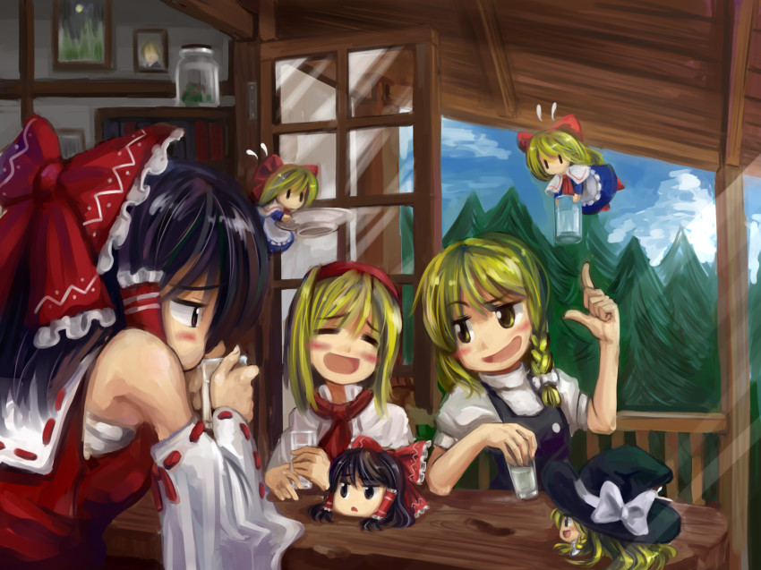 3girls aka-kabuto_no_gema alice_margatroid artistic_error black_hair blonde_hair blue_sky blush blush_stickers bow braid capelet chibi closed_eyes cloud cup day detached_sleeves doll drinking extra_digits female_focus flying forest hair_bow hairband hakurei_reimu hat highres holding kirisame_marisa looking_at_another multiple_girls nature open_mouth plate pointing ribbon sarashi shanghai_doll short_hair sky smile table touhou window witch_hat yellow_eyes yukkuri_shiteitte_ne