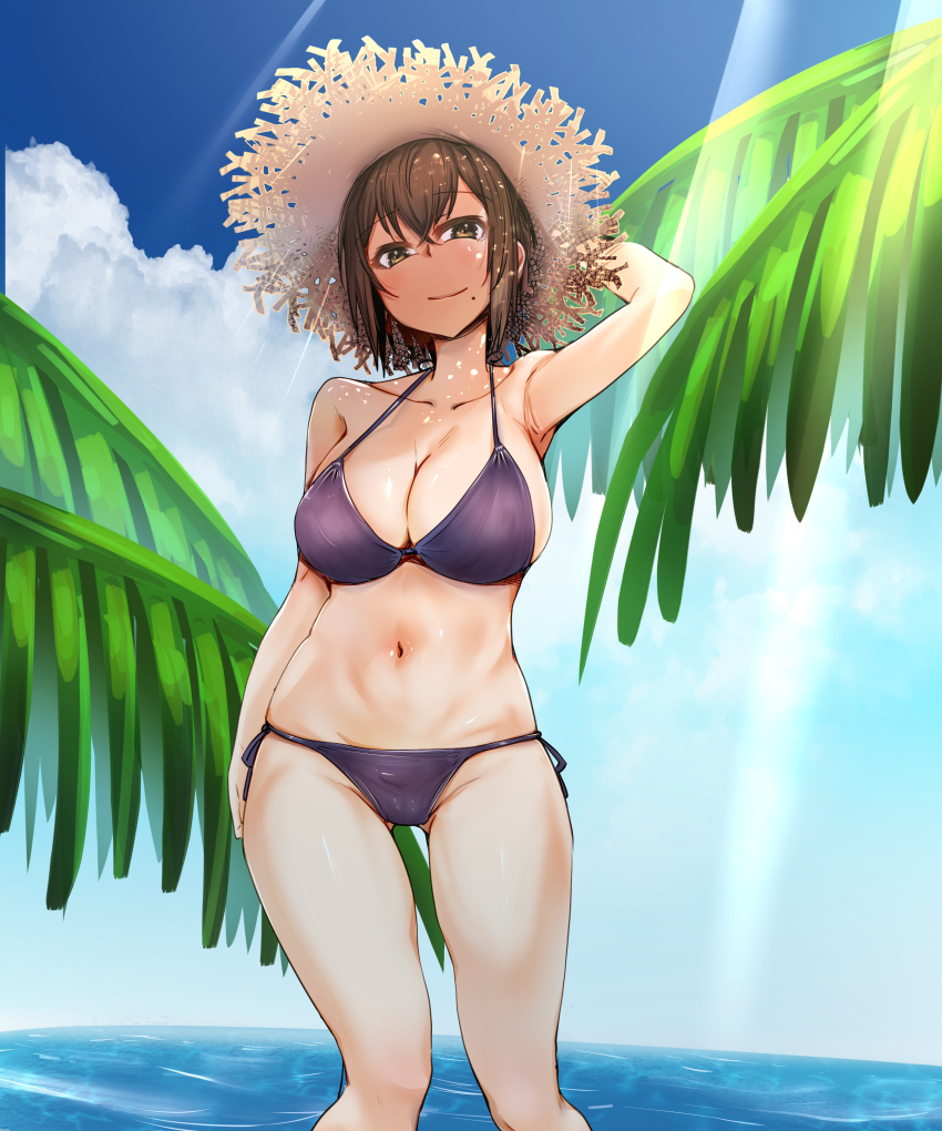 1girl absurdres armpits bakuya bikini blush breasts brown_eyes brown_hair character_request cleavage collarbone copyright_request feet_out_of_frame gluteal_fold halterneck hat highres large_breasts light_smile looking_at_viewer mole mole_under_mouth navel palm_tree purple_bikini short_hair side-tie_bikini_bottom sidelocks solo straw_hat string_bikini sunlight swimsuit tree water