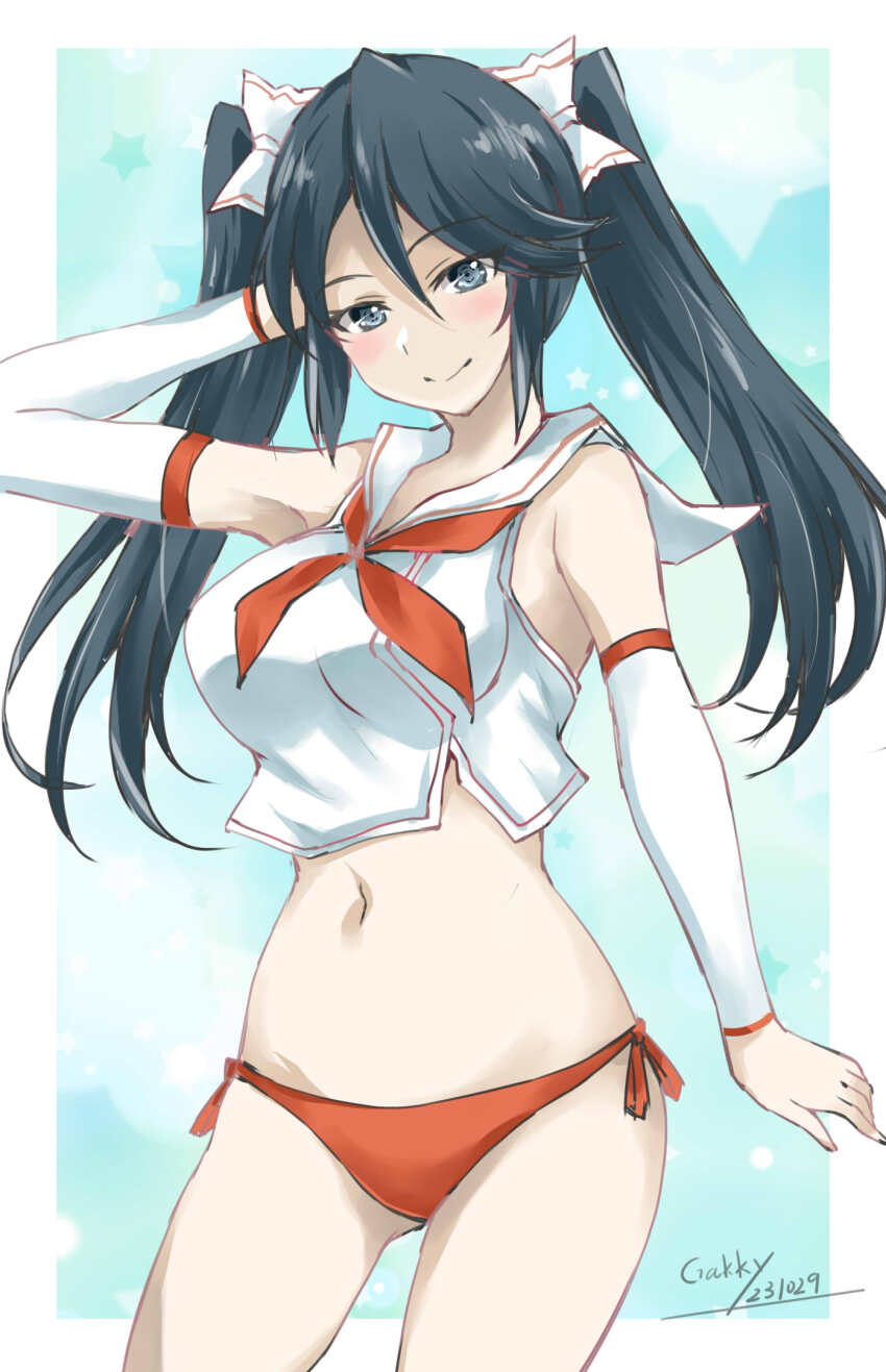 1girl adapted_costume bikini bikini_bottom_only black_hair border breasts detached_sleeves gakky green_eyes hair_ribbon highres isuzu_(kancolle) kantai_collection large_breasts long_hair neckerchief no_pants orange_bikini orange_neckerchief ribbon sailor_collar sailor_shirt school_uniform serafuku shirt side-tie_bikini_bottom sleeveless sleeveless_shirt smile solo swimsuit white_border