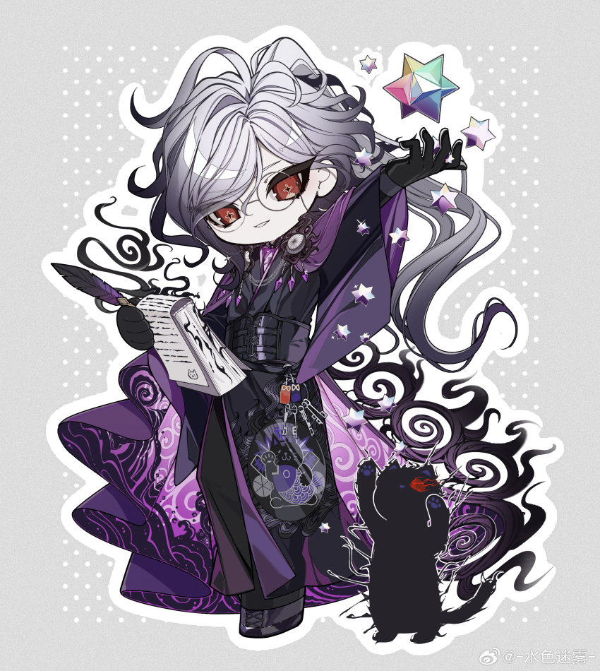 1boy absurdres animal_print animalization arm_up artist_name black_corset black_footwear black_gloves black_hair black_kimono cat cat_print chinese_commentary commentary_request corset cross-shaped_pupils curly_hair deformed eyewear_strap fate/grand_order fate_(series) feather_nib_pen full_body glasses glint gloves gradient_hair grey_background grey_hair grin hana_soretsu haori highres japanese_clothes key keyring kimono long_hair long_sleeves looking_at_viewer male_focus multicolored_hair nib_pen_(object) official_alternate_costume omamori outline paper_stack pen person_and_animalization polka_dot polka_dot_background ponytail print_kimono purple_hair purple_haori red_eyes round_eyewear saint_quartz_(fate) simple_background smile solo standing symbol-shaped_pupils the_count_of_monte_cristo_(fate) the_count_of_monte_cristo_(fgo_fes._2024)_(fate) weibo_logo weibo_watermark white_outline wide_sleeves