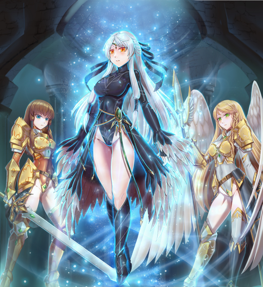 3girls absurdres adapted_costume angel_wings armor armored_boots ashera_(fire_emblem) aura black_leotard blonde_hair blue_eyes blush boots breastplate breasts brown_hair circlet corruption covered_navel dark_persona feathered_wings fire_emblem fire_emblem:_radiant_dawn floating gauntlets green_eyes groin hair_ribbon half_updo heattech_leotard highleg highleg_leotard highres indoors large_breasts leanne_(fire_emblem) leebigtree leotard long_hair long_sleeves looking_at_viewer micaiah_(fire_emblem) mist_(fire_emblem) multiple_girls nintendo possessed possession ribbon silver_hair skin_tight thigh_boots thighhighs thighs tight_clothes turtleneck very_long_hair white_wings wings yellow_eyes