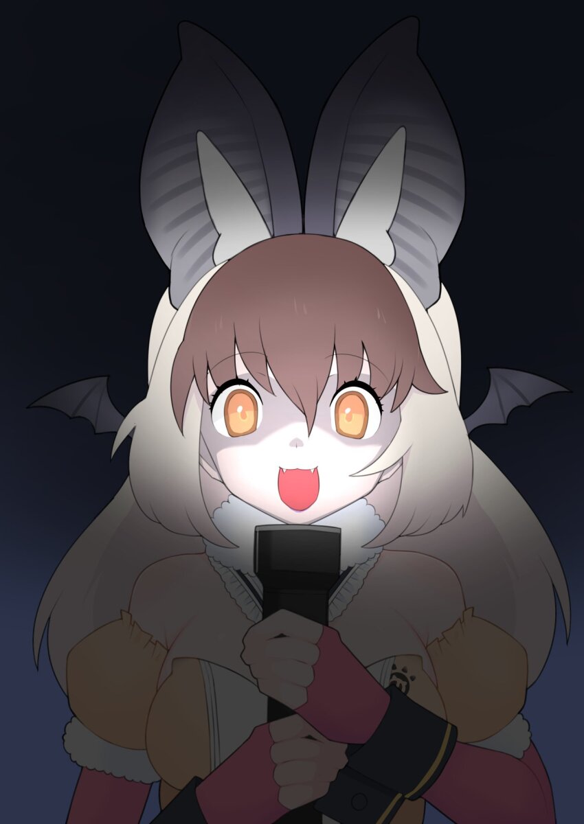 1girl animal_ears bat_ears bat_girl bat_wings black_background brown_eyes brown_hair brown_long-eared_bat_(kemono_friends) elbow_gloves extra_ears fang fingerless_gloves flashlight gloves grey_hair highres illu_(illu_stratos) kemono_friends kemono_friends_v_project leotard long_hair looking_at_viewer scarf simple_background solo virtual_youtuber wings