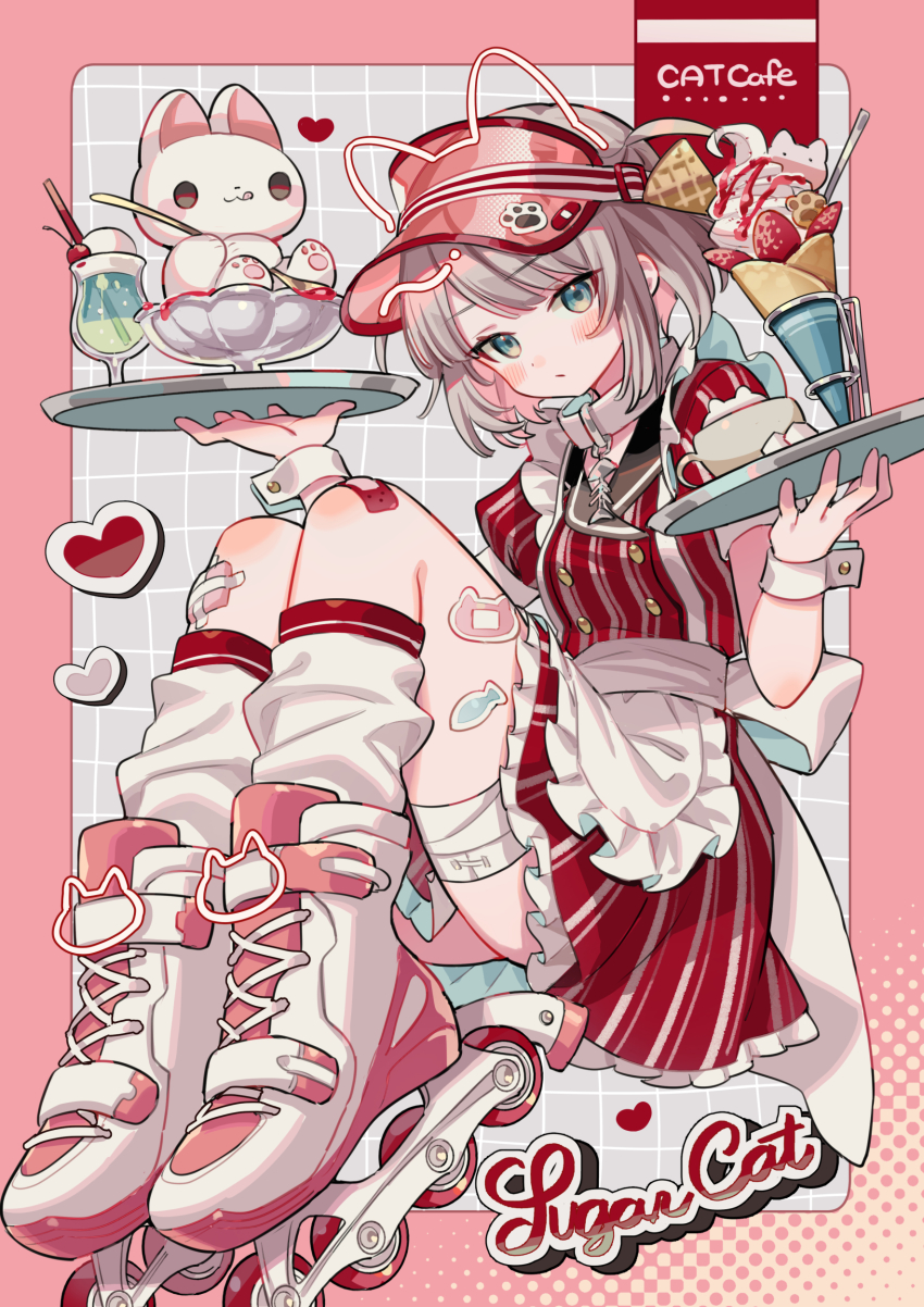 1girl absurdres apron carhop cat cat_cafe crepe dress english_text expressionless food fruit highres holding holding_tray ice_cream looking_at_viewer maid maid_apron original red_dress roller_skates shoes skates sneakers solo strawberry sundae suzaku_(zaku6584) tray unconventional_maid visor_cap white_apron