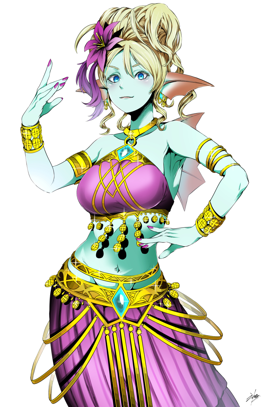 1girl absurdres aqua_skin back_fin bare_shoulders belly_dancing blonde_hair blue_eyes bracelet breasts colored_skin commentary_request cowboy_shot curly_hair dancer dragon_quest dragon_quest_x fins flower gold_armlet gold_bracelet hair_flower hair_ornament head_fins high_ponytail highres jewelry kanda_mijinko large_breasts leine_(dq10) looking_at_viewer midriff navel o-ring o-ring_top purple_flower purple_nails purple_skirt signature skirt solo weddie_(dq10) white_background