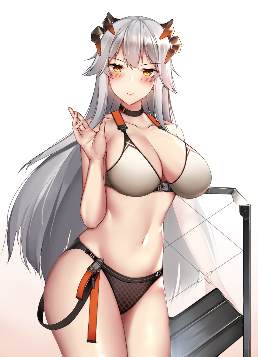 1girl arknights bikini black_bikini black_choker blush breasts buckle choker cleavage collarbone commentary cowboy_shot english_commentary engrish_commentary gradient_background groin hand_up highres holding holding_shield horns kitsune_udon_(qtsuneudon) large_breasts long_hair looking_at_viewer midriff navel orange_eyes saria_(arknights) see-through_clothes shield sidelocks silver_hair simple_background smile snap-fit_buckle solo standing swimsuit white_background white_bikini