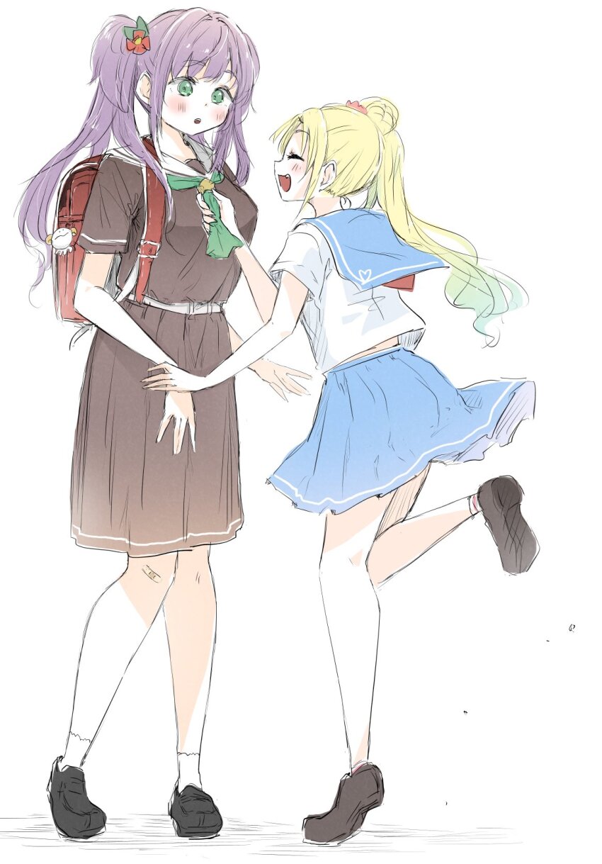 2girls :o ^_^ adapted_uniform ast backpack bag black_footwear blonde_hair blue_eyes blue_hair blue_sailor_collar blue_skirt blush borrowed_hairstyle breasts brown_footwear brown_serafuku closed_eyes clothes_grab commentary_request fang flower full_body gradient_hair green_eyes green_neckerchief hair_bun hair_flower hair_ornament hasu_no_sora_school_uniform highres leg_up light_blue_hair link!_like!_love_live! loafers lone_nape_hair long_hair looking_at_another love_live! medium_breasts midriff_peek miniskirt multicolored_hair multiple_girls neckerchief neckwear_grab open_mouth osawa_rurino otomune_kozue parted_bangs pink_flower pleated_skirt profile purple_hair randoseru red_bag red_flower red_neckerchief sailor_collar school_uniform serafuku shirt shoes short_sleeves side_ponytail sidelocks simple_background single_side_bun skirt standing standing_on_one_leg virtual_youtuber white_background white_sailor_collar white_shirt