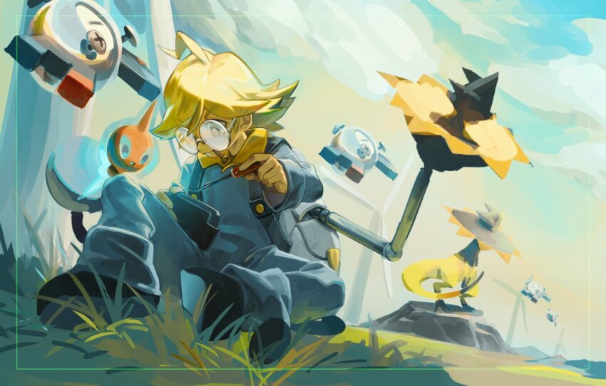 1boy ahoge amehatobook blonde_hair blue_jumpsuit clemont_(pokemon) cloud commentary creatures_(company) english_commentary floating game_freak gen_1_pokemon gen_4_pokemon gen_6_pokemon helioptile holding holding_screwdriver inset_border jumpsuit magnemite male_focus nintendo on_grass one-eyed outdoors pokemon pokemon_(creature) pokemon_xy rotom rotom_(normal) round_eyewear screwdriver sitting wind_turbine windmill