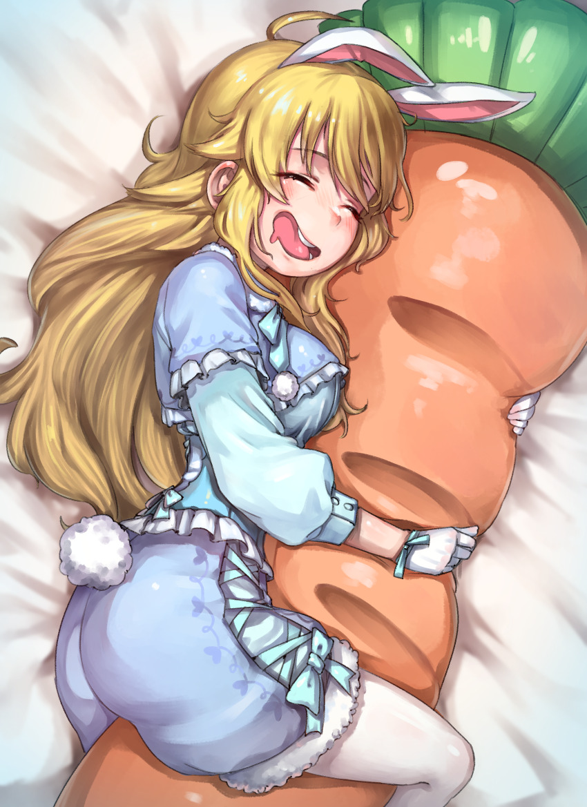 1girl absurdres ahoge animal_ears bed_sheet blonde_hair carrot-shaped_pillow closed_eyes drooling frills from_above gloves highres hold111 hoshii_miki hugging_object idolmaster idolmaster_(classic) long_hair long_sleeves lying mouth_drool on_side pajamas pantyhose pillow pillow_hug rabbit_ears rabbit_tail shorts sleeping smile solo tail upper_body white_gloves white_pantyhose