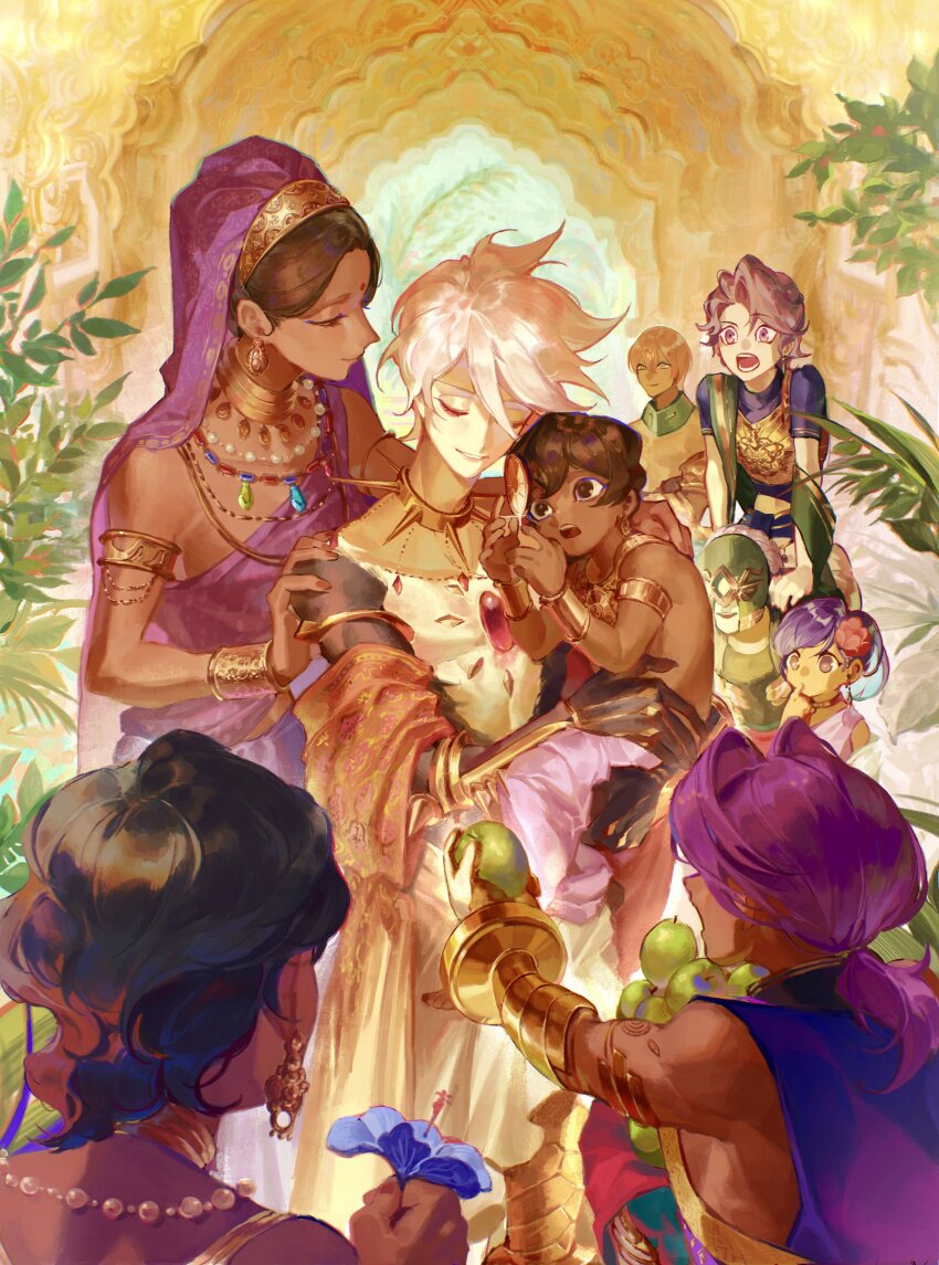 absurdres aged_down arjuna_(fate) armlet ayus_(fate) bhima_(fate) bindi black_eyes black_hair bracelet character_request chest_jewel collar dark-skinned_male dark_skin duryodhana_(fate) earrings eyeshadow fate/grand_order fate_(series) flower food fruit gem gold_armlet gold_bracelet headdress highres holding holding_flower holding_food holding_fruit indian indian_clothes jewelry karna_(fate) low_ponytail makeup multiple_boys nail_polish parted_bangs plant purple_hair red_eyeshadow red_nails sailin spiked_collar spikes swept_bangs white_hair