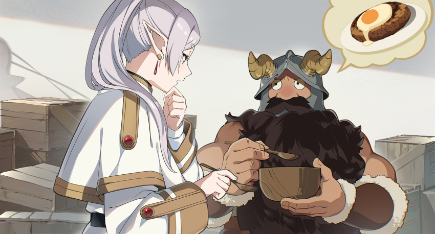 1boy 1girl beard bowl capelet dungeon_meshi dwarf earrings elf facial_hair fake_horns floating_earring frieren green_eyes helmet holding holding_bowl horns jewelry long_beard long_hair long_sleeves looking_at_another mustache nyoro_(nyoronyoro000) pointy_ears senshi_(dungeon_meshi) solo sousou_no_frieren twintails white_capelet white_hair