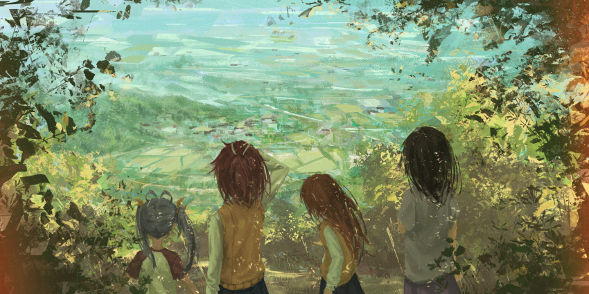 4girls absurdres antenna_hair bow brown_hair dappled_sunlight day facing_away from_behind hair_bow highres ichijou_hotaru koshigaya_komari koshigaya_natsumi landscape long_hair long_sleeves mayoo03 medium_hair miyauchi_renge multiple_girls nature non_non_biyori outdoors purple_hair scenery shirt sunlight tree twintails vest white_shirt wide_shot yellow_bow yellow_vest