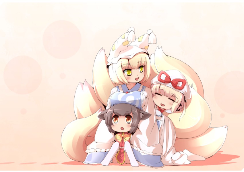 3girls ^_^ animal_ears blonde_hair blush breast_rest breasts breasts_on_head brown_eyes brown_hair cat_ears chen closed_eyes fox_ears fox_tail hat multiple_girls multiple_tails short_hair sibelurabbi tail touhou wide_sleeves yakumo_ran yakumo_yukari yellow_eyes