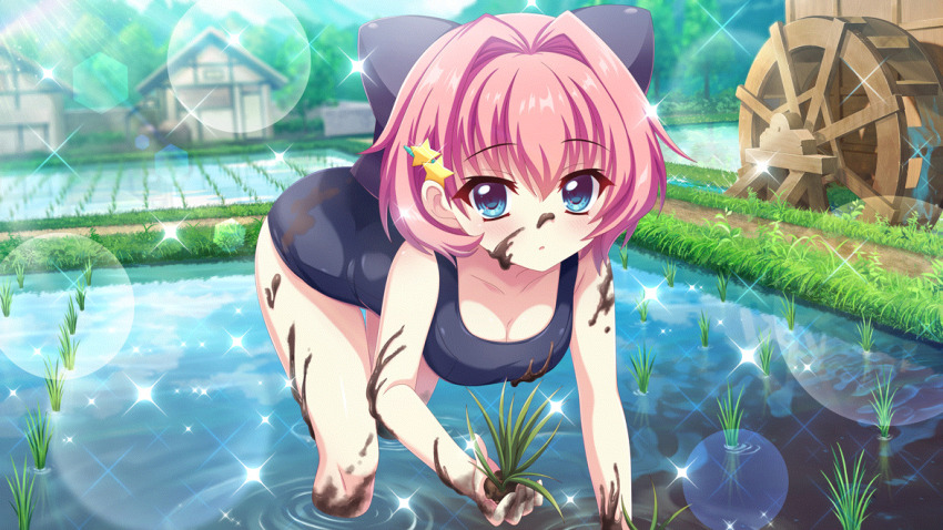 1girl architecture bent_over blue_eyes blue_one-piece_swimsuit bow breasts building cleavage collarbone day dirty dirty_clothes dirty_face dirty_hands dot_nose east_asian_architecture film_grain game_cg hair_bow hair_intakes hair_ornament hairclip hiiragi_kae holding izumi_tsubasu large_bow large_breasts lens_flare looking_at_viewer mud non-circular_lens_flare non-web_source official_art one-piece_swimsuit outdoors parted_lips pink_hair purple_bow re:stage! rice_paddy rice_planting school_swimsuit short_hair solo sparkle star_(symbol) sunlight swimsuit tree wading water_wheel