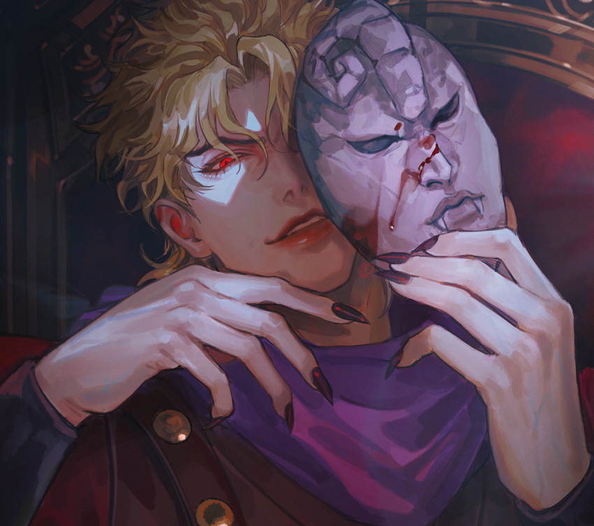 1boy black_nails blonde_hair blood bustersiri dio_brando fingernails glowing glowing_eye hands_up highres holding holding_mask jojo_no_kimyou_na_bouken long_fingernails looking_at_viewer male_focus mask phantom_blood portrait purple_scarf red_eyes scarf shadow sharp_fingernails short_hair smirk solo