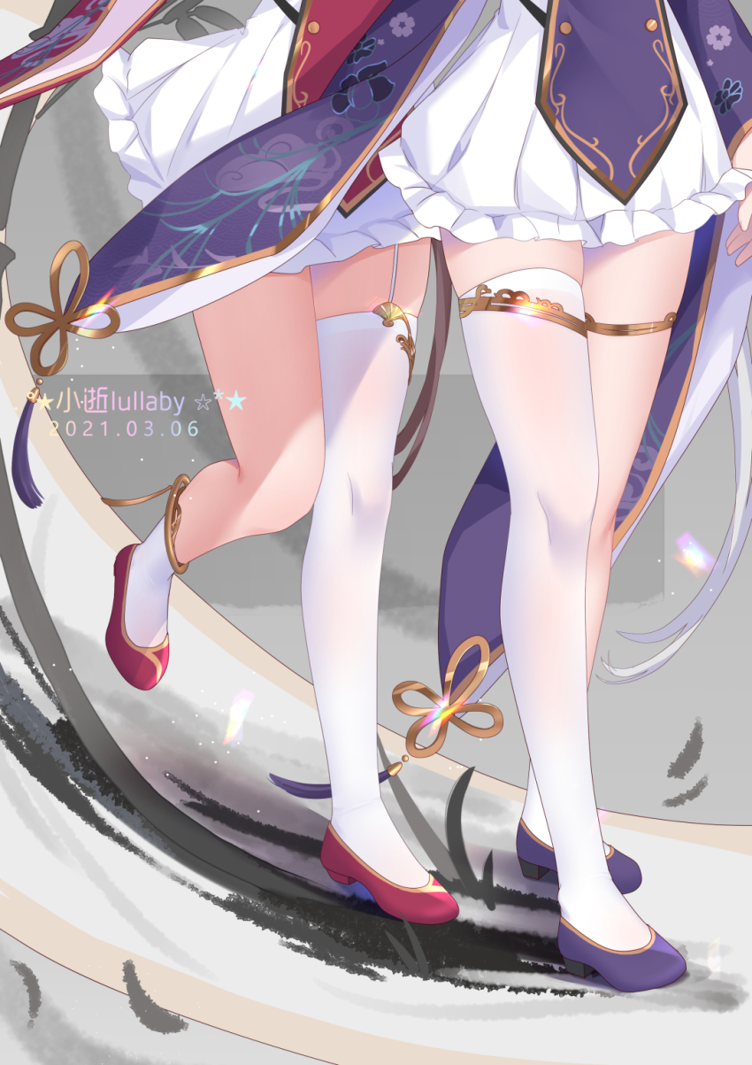 2021 2girls artist_name azur_lane chao_ho_(azur_lane) chinese_clothes dress garter_straps highres legs multiple_girls purple_footwear red_footwear shoes single_thighhigh skindentation thighhighs thighs white_dress white_legwear xiao_shi_lullaby ying_swei_(azur_lane)