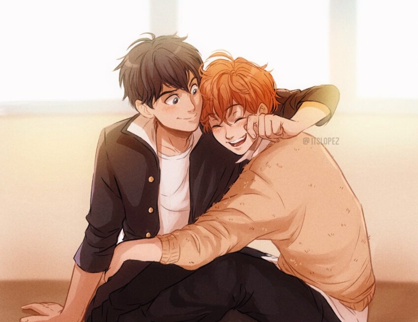 2boys ahoge black_hair black_jacket black_pants blurry blurry_background brown_cardigan cardigan closed_eyes closed_mouth collared_shirt couple given indoors instagram_username itslopezz jacket long_sleeves looking_at_another male_focus multiple_boys open_mouth orange_hair pants satou_mafuyu shirt short_hair sitting smile t-shirt teeth uenoyama_ritsuka white_shirt window yaoi