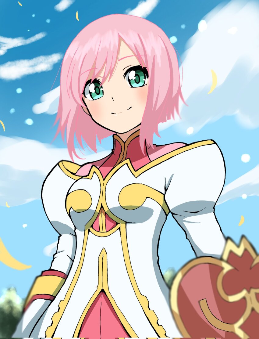 1girl blue_sky bob_cut cloud commentary corrupted_twitter_file dress emapippi estellise_sidos_heurassein green_eyes highres holding holding_shield juliet_sleeves layered_dress long_sleeves pink_dress pink_hair puffy_sleeves shield short_hair sky smile solo tales_of_(series) tales_of_vesperia upper_body white_dress