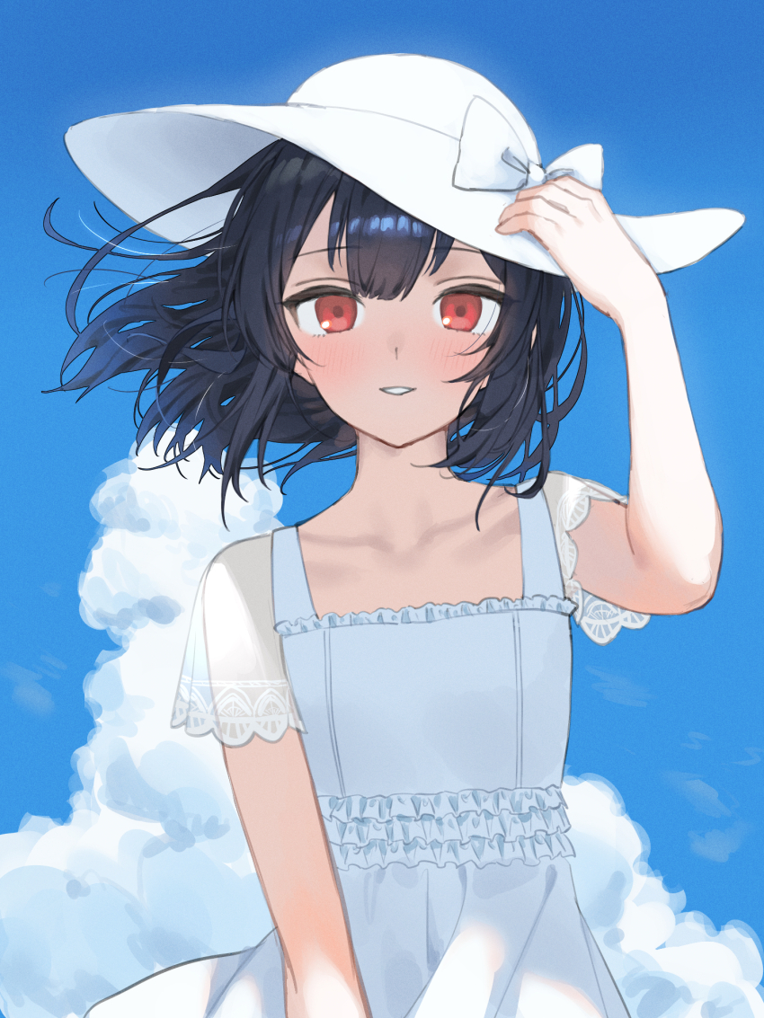 1girl black_hair blue_sky blush breasts cloud collarbone dress floating_hair hat highres idolmaster idolmaster_shiny_colors looking_at_viewer medium_breasts morino_rinze outdoors red_eyes see-through_clothes see-through_sleeves sky smile solo sun_hat white_dress white_hat yumeme_818