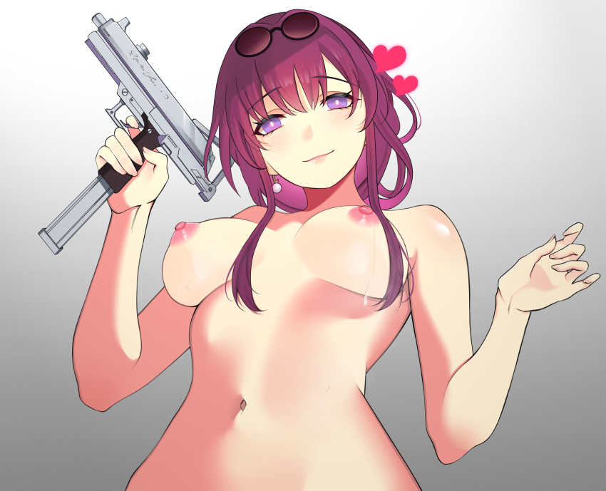 1girl absurdres breasts commentary eyewear_on_head finger_on_trigger from_below gradient_background grey_background gun handgun heart highres holding holding_gun holding_weapon honkai:_star_rail honkai_(series) kafka_(honkai:_star_rail) kagara large_breasts looking_at_viewer magazine_(weapon) medium_breasts navel nipples nude purple_eyes purple_hair sidelocks smile solo sunglasses weapon