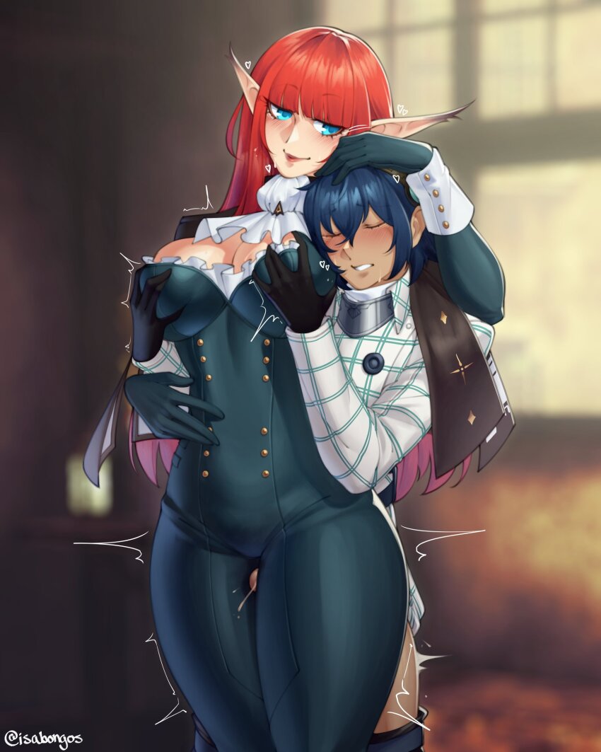 1boy 1girl ascot black_gloves blue_hair bodysuit breasts clenched_teeth closed_eyes commentary elf english_commentary gloves grabbing_another&#039;s_breast groping height_difference hetero highres hulkenberg_(metaphor:_refantazio) isabongos metaphor:_refantazio penis pointy_ears protagonist_(metaphor:_refantazio) red_hair smile teeth textless_version thigh_sex