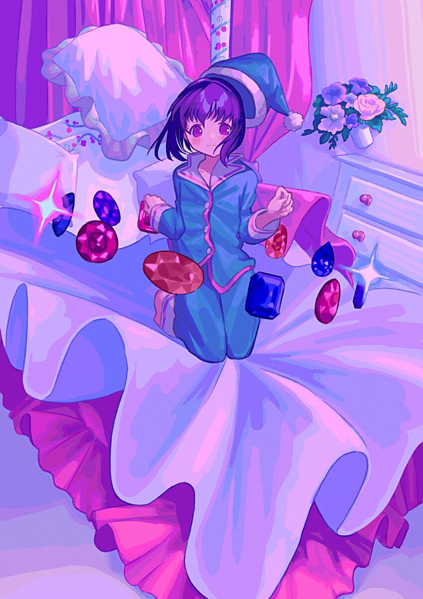 1girl bed blanket chest_of_drawers floating floating_object flower gem glint hat highres indoors kagenoyuhi long_sleeves looking_at_viewer nightcap on_bed original pajamas pillow plant potted_plant solo wide_shot