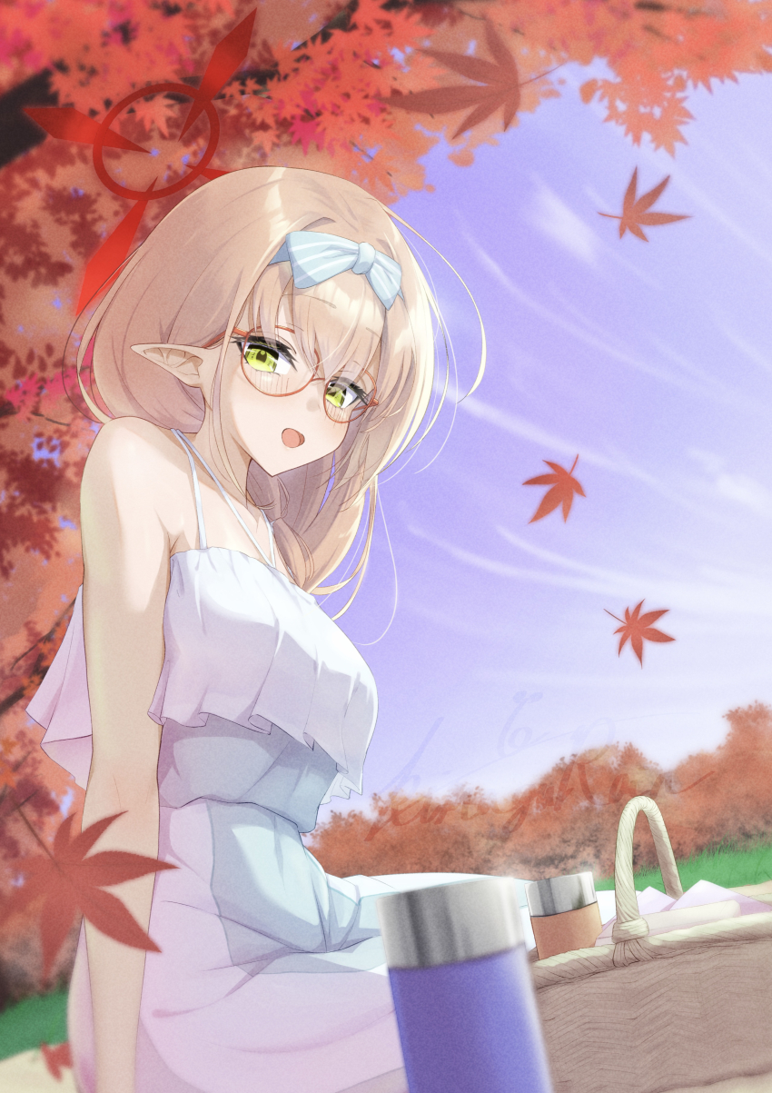 1girl absurdres alternate_costume autumn autumn_leaves bare_arms bare_shoulders basket blonde_hair blue_archive blue_bow blue_sky blush bow breasts casual chinatsu_(blue_archive) cloud collarbone day dress elf eyelashes falling_leaves forest glasses grass green_eyes hair_bow hair_over_shoulder halo highres kimagurain leaf long_hair looking_at_viewer maple_leaf medium_breasts nature on_grass open_mouth outdoors picnic picnic_basket pointy_ears red-framed_eyewear red_halo ribbon round_eyewear signature sitting sky sleeveless sleeveless_dress solo spaghetti_strap sundress thermos tree white_dress