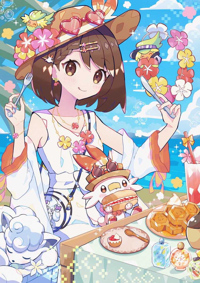 1girl absurdres alolan_form alolan_vulpix brown_eyes brown_hair cake closed_eyes creatures_(company) dress eating flower food fruit game_freak gen_7_pokemon gen_8_pokemon gloria_(pokemon) haru_(haruxxe) hat highres knife nintendo pokemon pokemon_(creature) pokemon_swsh scorbunny short_hair sleeping smile strawberry white_dress