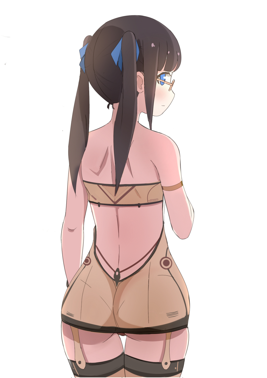 1girl absurdres armband ass bad_id bad_pixiv_id bandeau bare_shoulders beige_legwear beige_skirt blue_eyes blue_ribbon blush brown_hair closed_mouth cowboy_shot female_focus garter_straps glasses hair_ribbon highres looking_away looking_to_the_side orange-framed_eyewear original profile ribbon shoulder_blades simple_background solo surio thigh_gap thighhighs twintails white_background