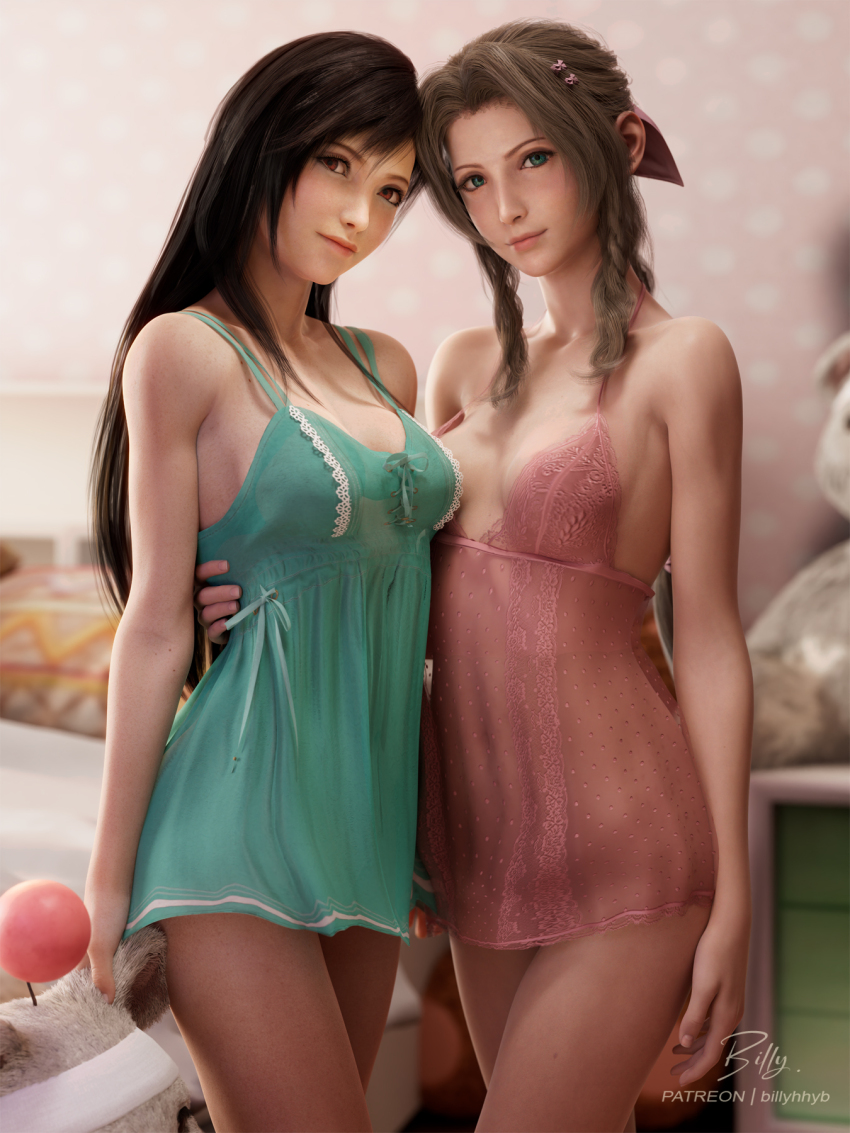 2girls 3d aerith_gainsborough aqua_nightgown arm_around_waist asymmetrical_docking billyhhyb black_hair blender_(medium) blurry blurry_background breast_press breasts brown_eyes brown_hair character_doll cleavage covered_navel drill_hair final_fantasy final_fantasy_vii final_fantasy_vii_remake green_eyes highres long_hair moogle multiple_girls nightgown no_panties pink_nightgown see-through_nightgown thighs tifa_lockhart twin_drills