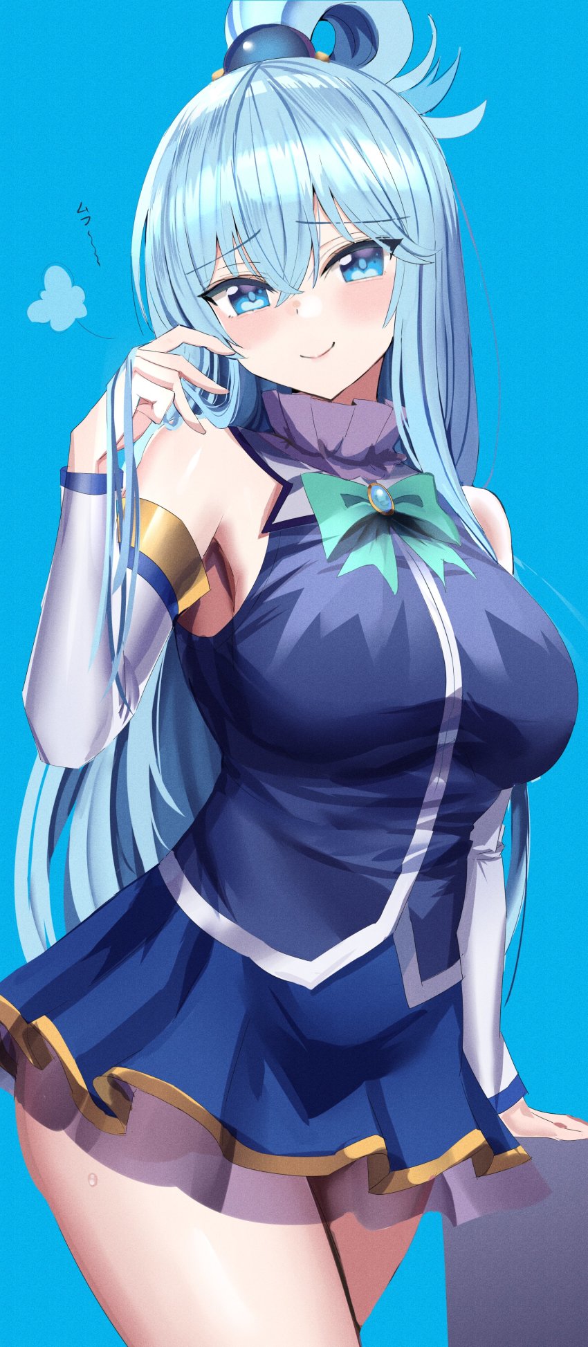 1girl absurdres aqua_(konosuba) armpits artist_request bad_source blue_background blue_eyes blue_hair breasts costume_request cowboy_shot gesture_request hair_rings highres kono_subarashii_sekai_ni_shukufuku_wo! looking_at_viewer simple_background single_hair_ring skirt tagme thighs