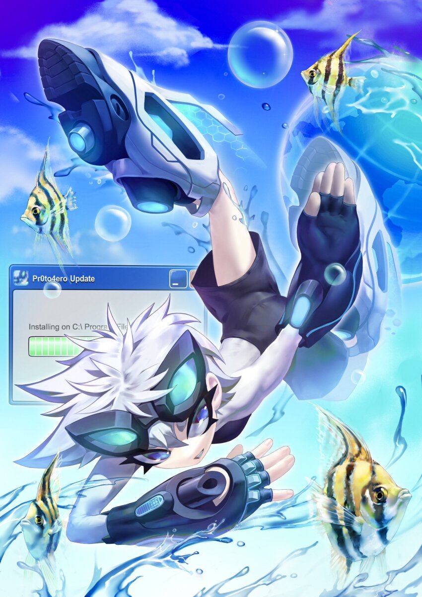 b0throps blue_eyes bubble cyber_fashion fingerless_gloves fish frutiger_aero gloves goggles goggles_on_head highres original shirt shorts white_hair