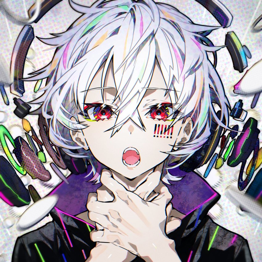 1boy barcode barcode_tattoo crossed_bangs hair_between_eyes hands_up headphones highres looking_at_viewer mafumafu male_focus mika_pikazo multicolored_hair neck_grab open_mouth red_eyes solo streaked_hair tattoo utaite white_hair