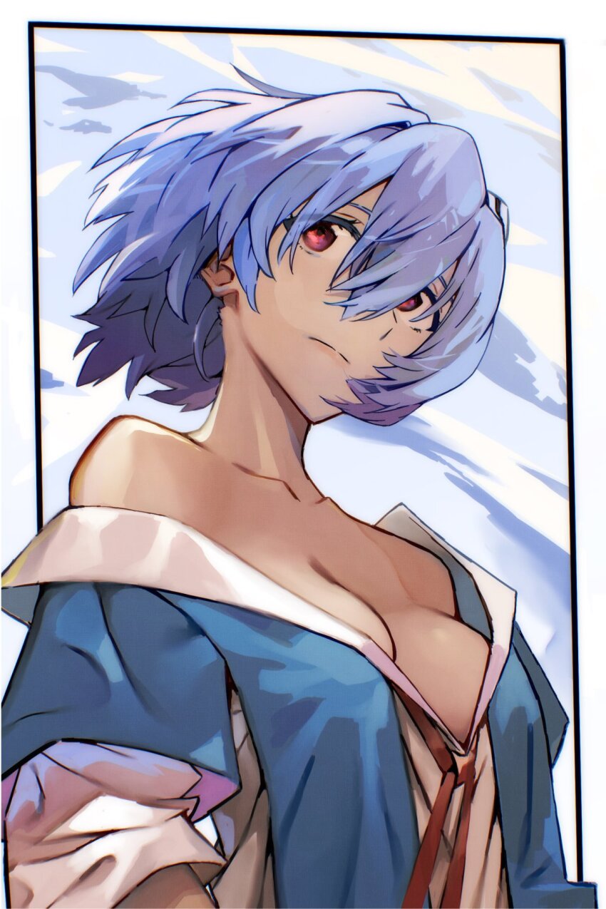 1girl ayanami_rei bare_shoulders blue_hair blue_skirt border breasts cleavage closed_mouth cloud cloudy_sky collarbone collared_shirt commentary day dress_shirt expressionless floating_hair from_side grey_sky hair_between_eyes highres interface_headset light_frown looking_afar looking_to_the_side medium_breasts neck_ribbon neon_genesis_evangelion no_bra off_shoulder open_clothes open_shirt outdoors outside_border partially_unbuttoned red_eyes red_ribbon ribbon school_uniform shirt short_hair short_sleeves skirt sky solo suspender_skirt suspenders tokyo-3_middle_school_uniform upper_body white_border white_shirt wind yagisawa_teru