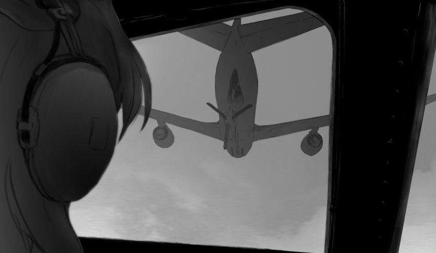 1girl aircraft airplane airplane_interior c-5m_super_galaxy cloud cockpit day facing_away girls_und_panzer greyscale headphones kay_(girls_und_panzer) long_hair monochrome out_of_frame payama portrait refueling solo vehicle_focus windshield