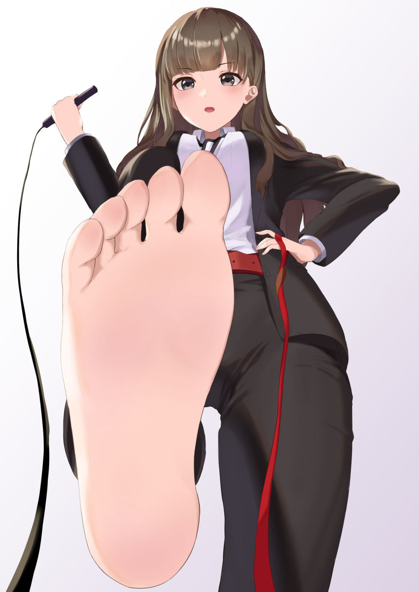 1girl absurdres asahina_yuzuki belt black_eyes black_pants brown_hair business_suit feet femdom foot_focus formal hand_on_own_hip highres holding holding_leash holding_whip i-chu jacket leash long_hair looking_at_viewer office_lady open_clothes open_jacket pants pov sameshimafuka shirt simple_background soles suit suit_jacket suit_pants toes whip white_background white_shirt