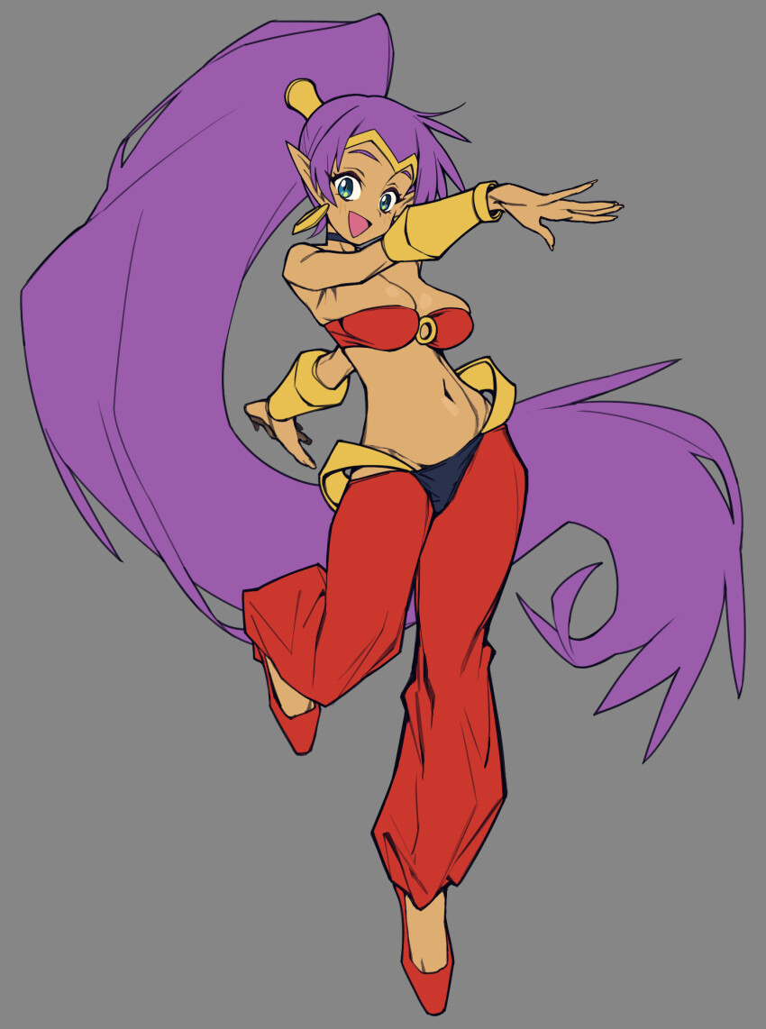 1girl dancing grey_background navel pants pointy_ears purple_hair red_pants shantae shantae_(series) solo waa153