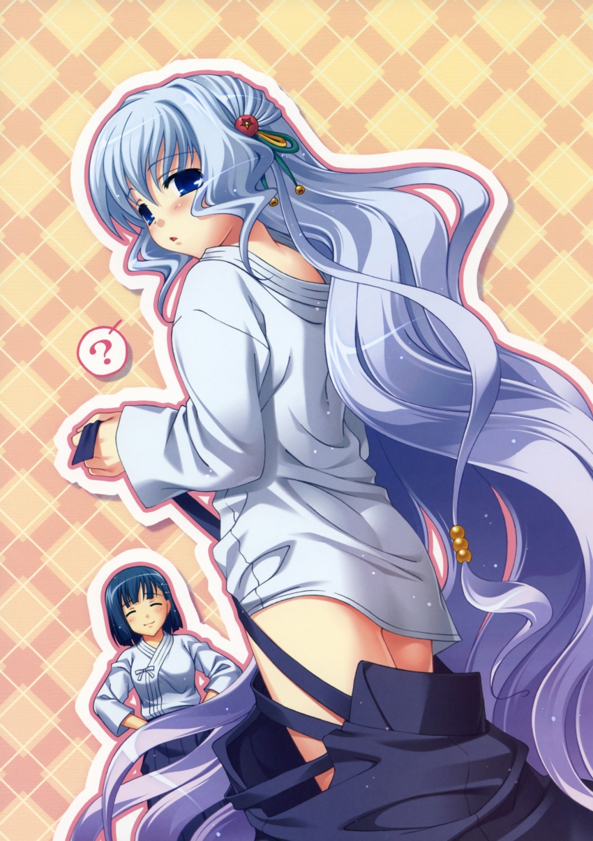 2girls absurdres aoi_shiro blue_eyes blush closed_eyes hal highres japanese_clothes long_hair multiple_girls nami_(aoi_shiro) osanai_shouko short_hair undressing