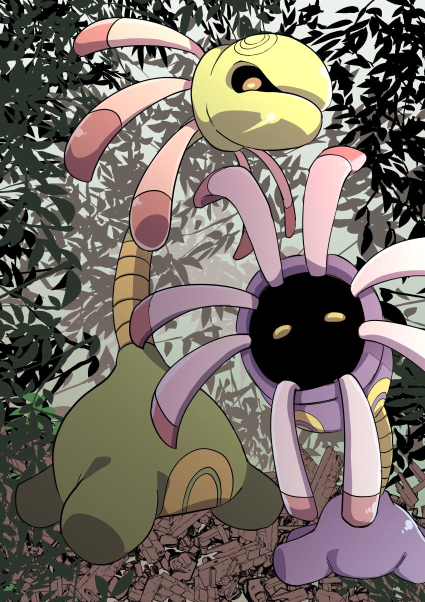 absurdres cradily creatures_(company) evolutionary_line expressionless forest game_freak gen_3_pokemon grass highres lileep looking_at_viewer nature nintendo no_humans pokemon pokemon_(creature) simple_background solo tentacles tree uranosaxia yellow_eyes