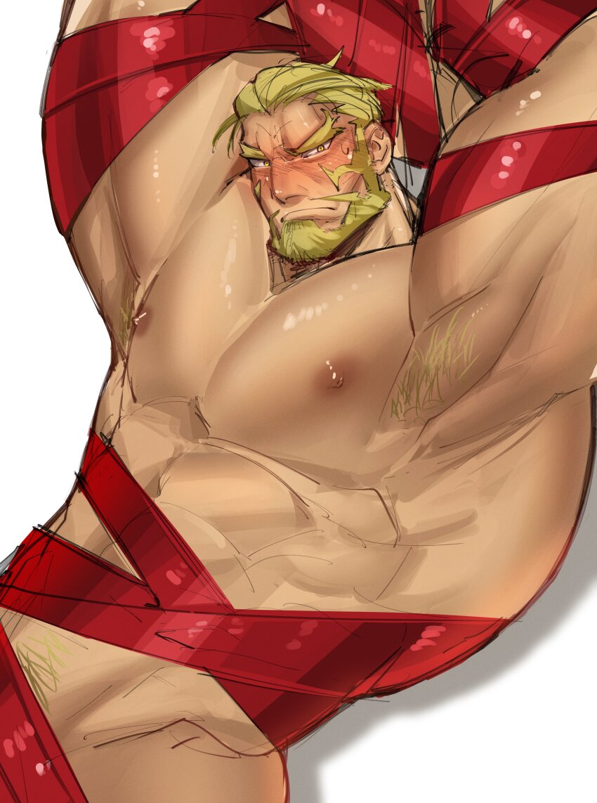 1boy absurdres armpits bara blonde_facial_hair blonde_hair blush bound bound_arms christmas cowboy_shot highres kaijuu_no._8 looking_at_viewer male_focus mature_male muscular muscular_arms muscular_male naked_ribbon nongnakk ribbon shinomiya_isao short_hair simple_background solo thick_eyebrows yellow_eyes