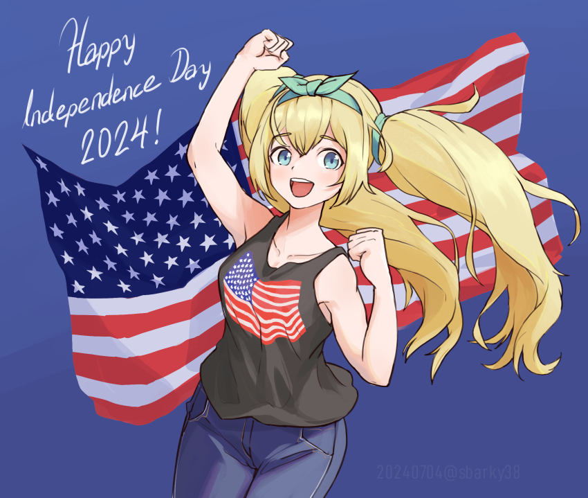 1girl 2024 american_flag american_flag_print black_tank_top blonde_hair blue_background blue_eyes commentary_request cowboy_shot dated english_text flag_print fourth_of_july gambier_bay_(kancolle) green_hairband hairband highres kantai_collection long_hair looking_at_viewer open_mouth sbarky38 simple_background smile solo standing tank_top twintails twitter_username