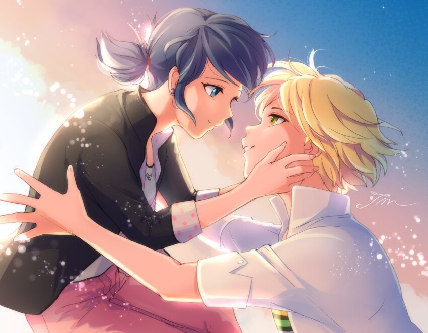 1boy 1girl adrien_agreste black_jacket blonde_hair blue_eyes blue_hair closed_mouth earrings green_eyes hair_between_eyes jacket jewelry long_hair long_sleeves marinette_dupain-cheng miraculous_ladybug pants pink_pants ponytail short_hair smile tomm0515 upper_body white_jacket