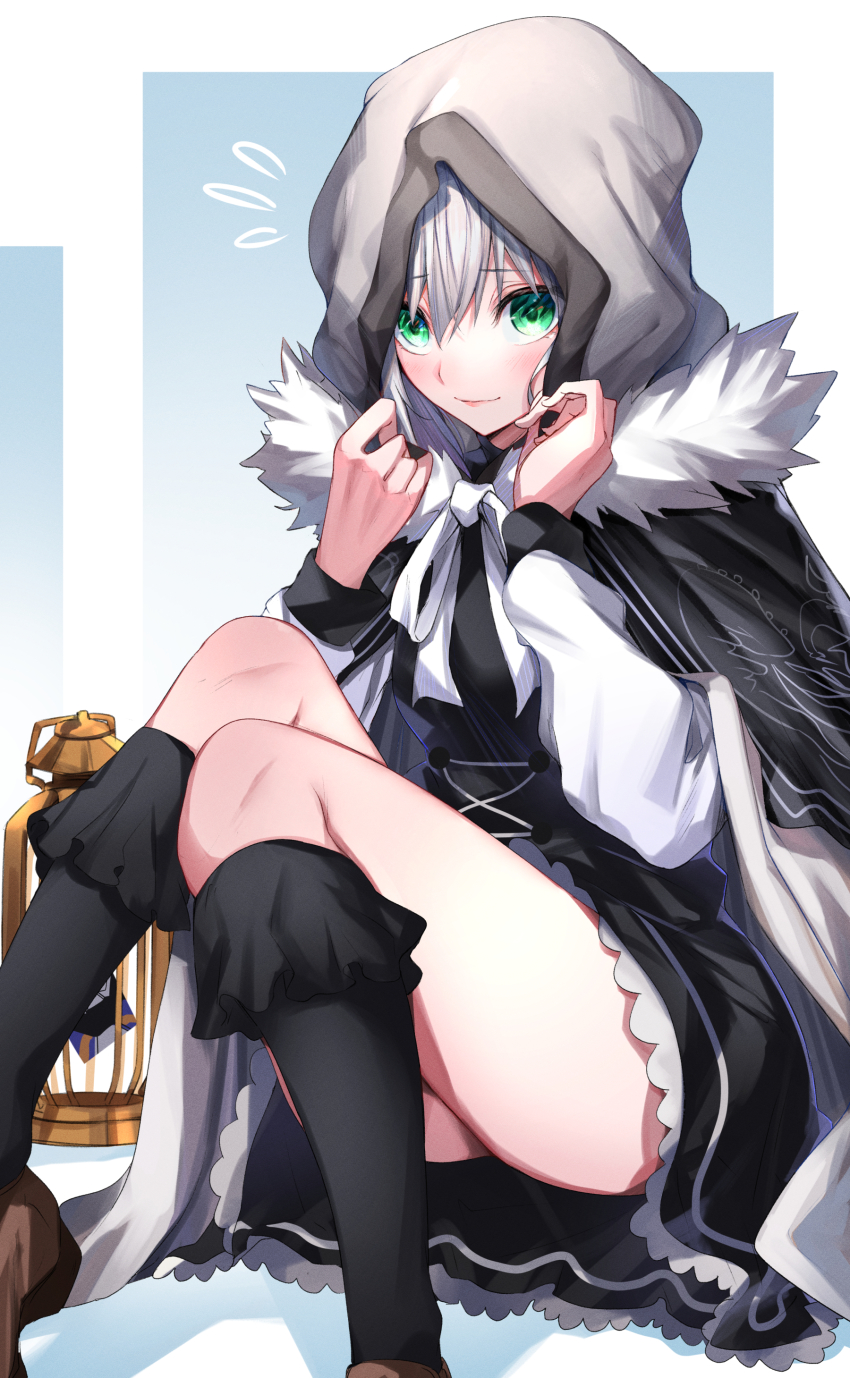 1girl absurdres add_(fate) aqua_eyes birdcage black_cloak black_dress black_footwear boots breasts cage cloak cube dress fate/grand_order fate_(series) flying_sweatdrops fur-trimmed_cloak fur_trim gray_(fate) grey_hair herigaru_(fvgyvr000) highres hood hooded_cloak knee_boots knees_up long_hair long_sleeves looking_at_viewer lord_el-melloi_ii_case_files medium_breasts sidelocks sitting smile thighs