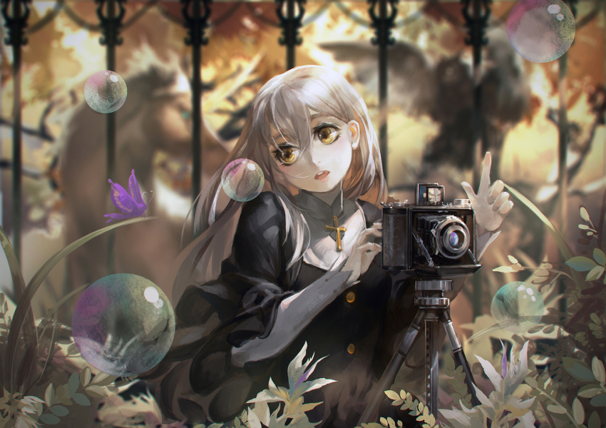 1girl alcd bird black_dress bubble bug butterfly buttons camera cross dress eyeshadow female_focus fence hair_between_eyes horse insect ironwork layered_sleeves long_hair long_sleeves looking_back looking_to_the_side makeup mascara nun open_mouth original outdoors pale_skin pixiv_fantasia pixiv_fantasia_fallen_kings plant pointing pointing_up puffy_sleeves short_over_long_sleeves short_sleeves silver_hair solo tripod yellow_eyes