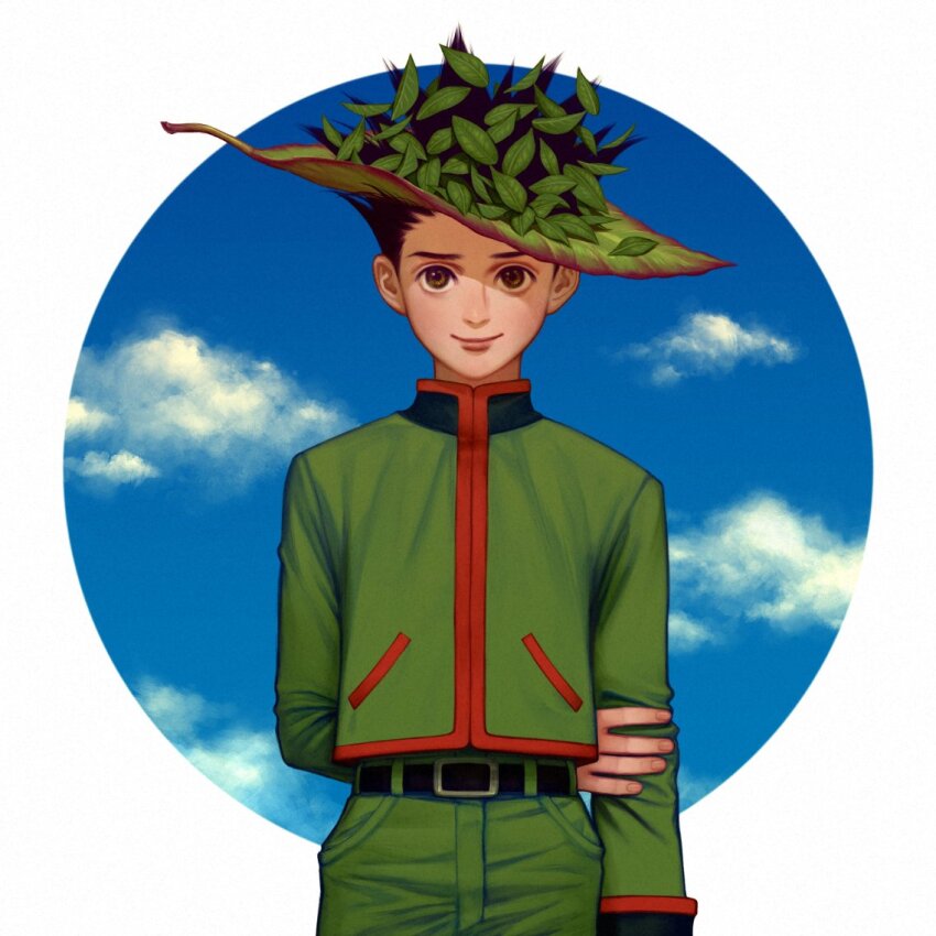 1boy bella_scottland brown_eyes child cloud cloudy_sky gon_freecss green_hair green_jacket green_shorts hunter_x_hunter jacket leaf_hat looking_at_viewer male_focus short_hair shorts sky smile solo spiked_hair