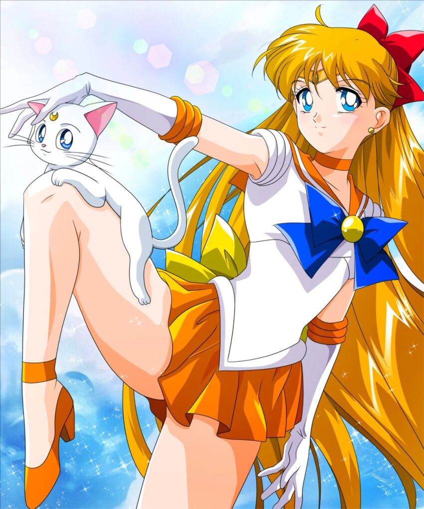 1girl aino_minako artemis_(sailor_moon) bishoujo_senshi_sailor_moon blonde_hair blue_eyes bow cat earrings gloves high_heels jewelry long_hair looking_at_viewer magical_girl miniskirt red_bow sailor_venus skirt standing sumoonshi very_long_hair white_cat