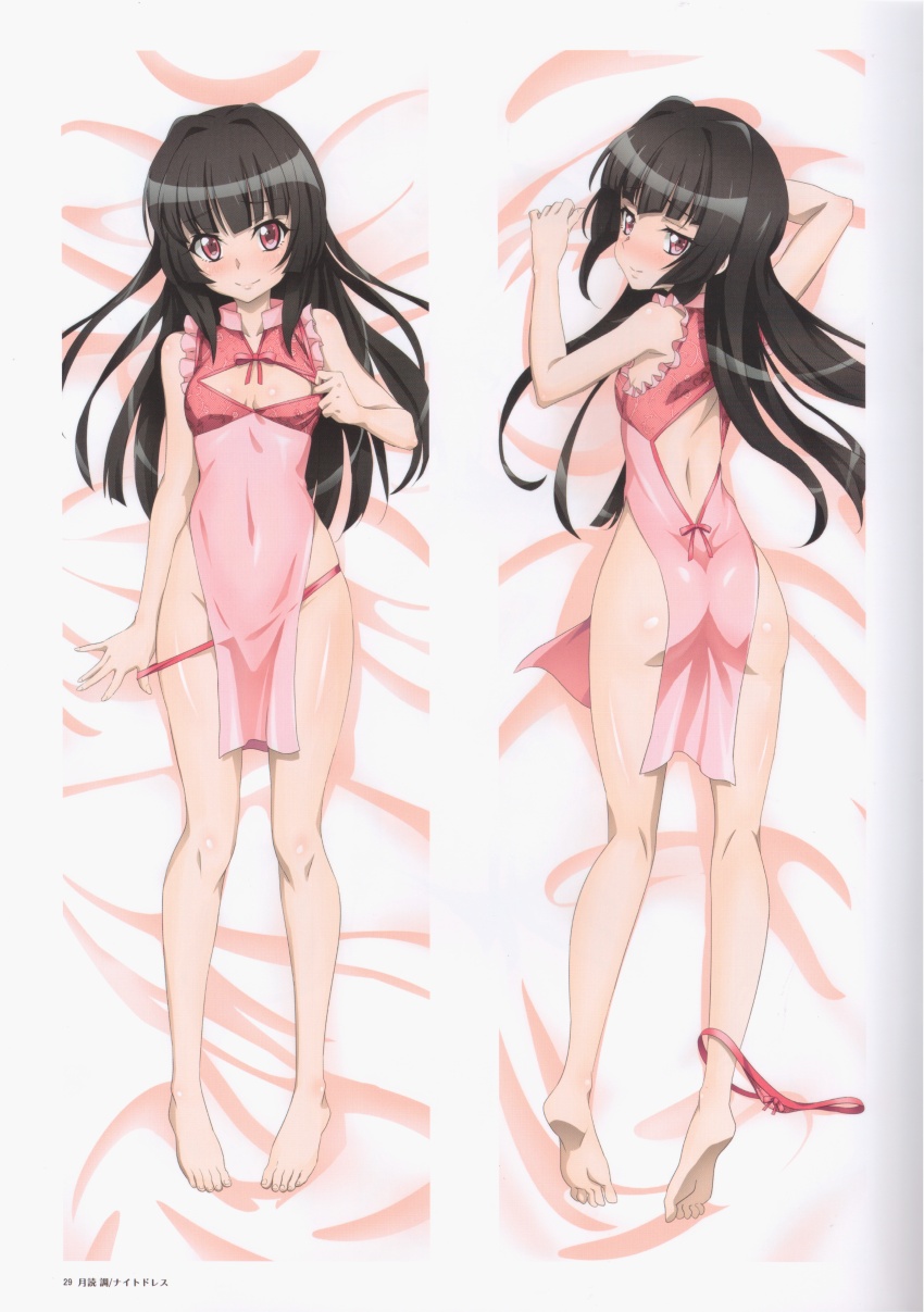 1girl absurdres ass bare_shoulders black_hair blush breasts cleavage fujikawa_daichi highres lingerie long_hair looking_at_viewer panties panties_around_leg red_eyes red_panties senki_zesshou_symphogear small_breasts smile thong tsukuyomi_shirabe underwear