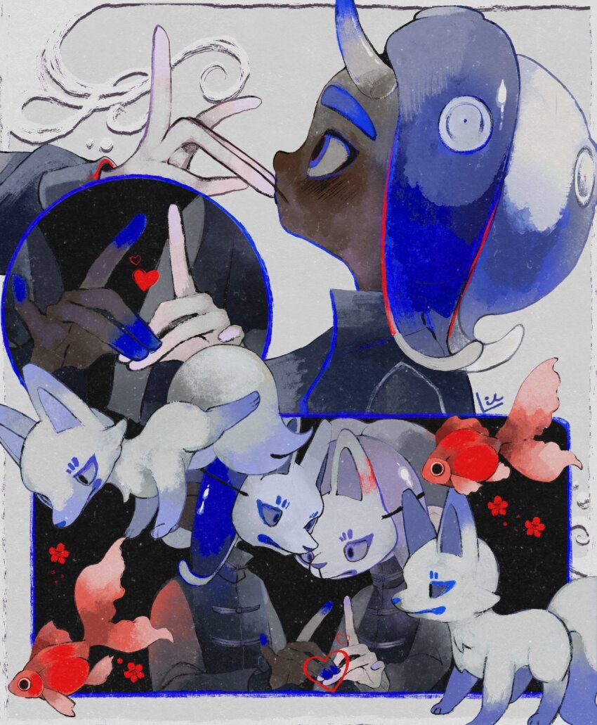 1boy 1other blue_eyes blue_hair closed_mouth commentary dark-skinned_male dark_skin fish fox fox_mask grey_background heart heart_hands highres horns li04r male_focus mask medium_hair nintendo octoling octoling_boy octoling_player_character skin-covered_horns splatoon_(series) tentacle_hair thick_eyebrows